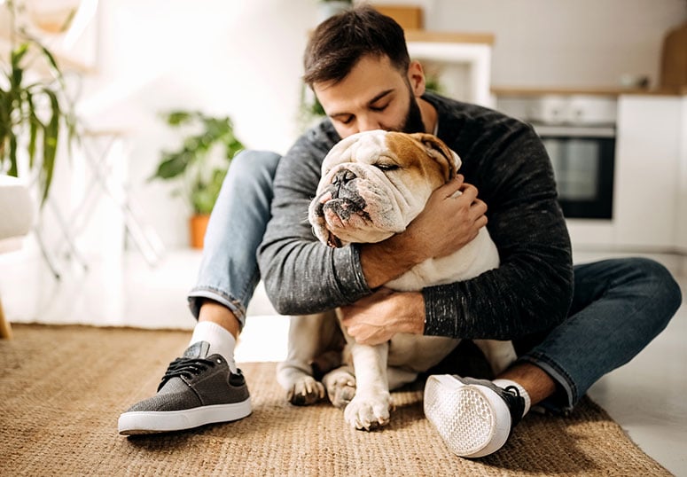 Man hugging his bulldog