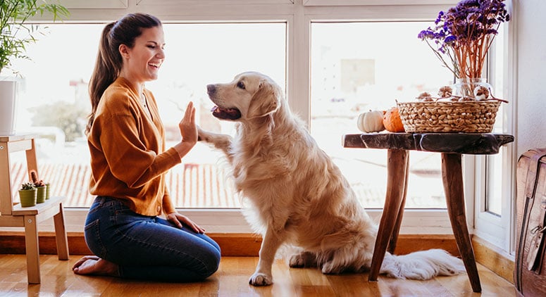 Happy woman and dog.