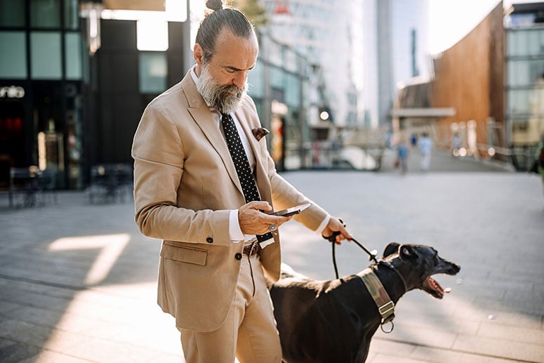 Man walking dog while on phone.